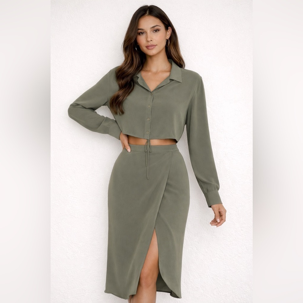 Norton McNaughton Olive Green Faux Wrap Midi Skirt Set Cropped Blouse 8 Petite